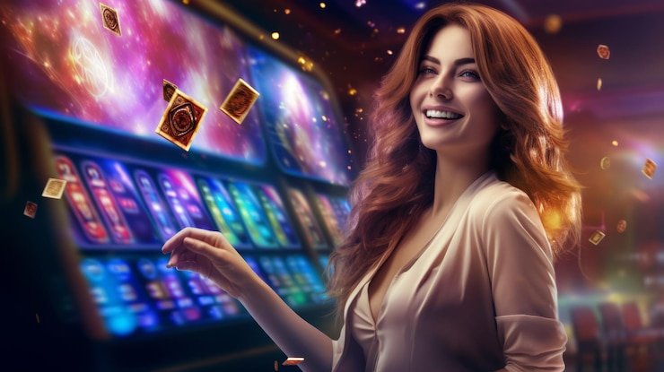 Seorang dealer kasino live sedang mengocok kartu di meja permainan